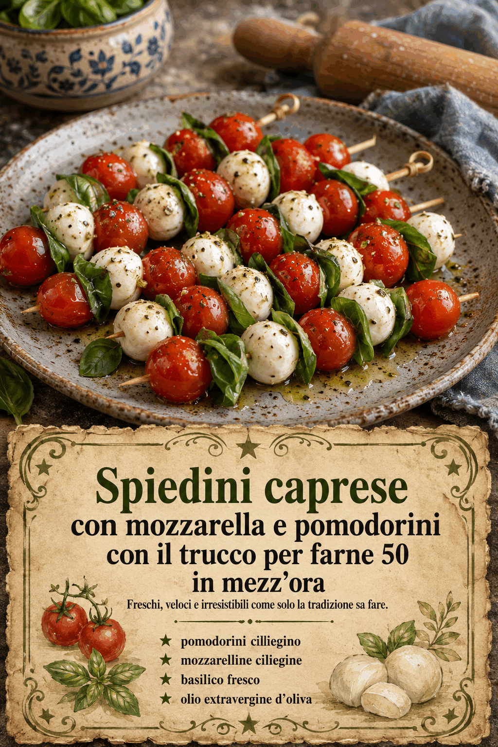 Spiedini caprese con mozzarella e pomodorini: come organizzarne 50 per una festa e servirli freschi