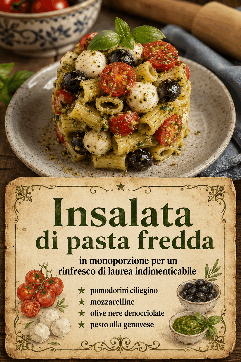 Insalata di pasta fredda in monoporzione per un rinfresco di laurea indimenticabile