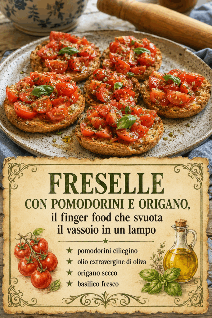 Freselle con pomodorini e origano, il finger food che svuota il vassoio in un lampo