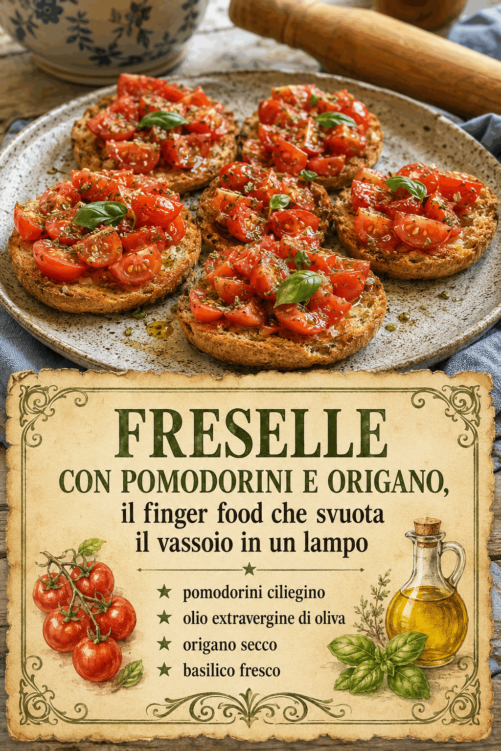 Freselle con pomodorini e origano, il finger food che svuota il vassoio in un lampo