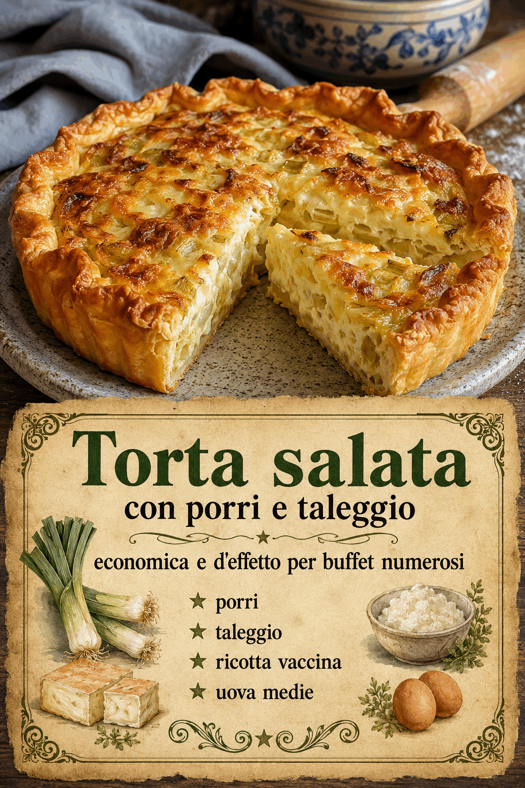 Torta salata con porri e taleggio economica e d’effetto per buffet numerosi