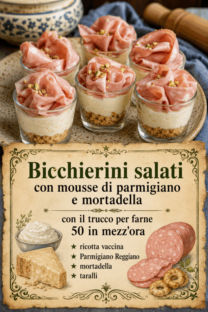 Bicchierini salati con mousse di parmigiano e mortadella con il trucco per farne 50 in mezz’ora