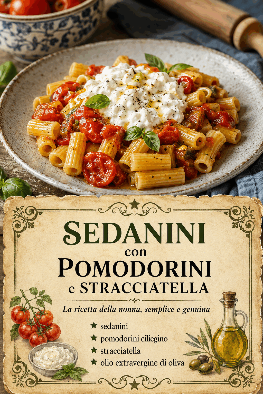 Sedanini con Pomodorini e Stracciatella