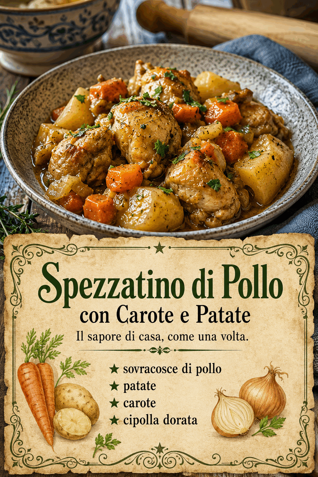 sovracosce di pollo patate carote cipolla dorata