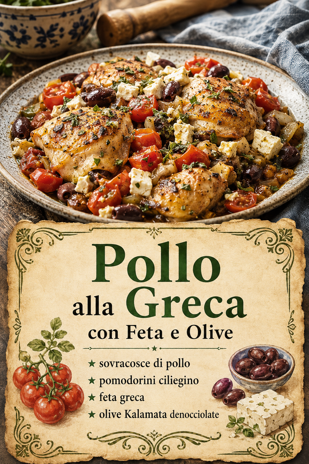 - sovracosce di pollo - pomodorini ciliegino - feta greca - olive Kalamata denocciolate