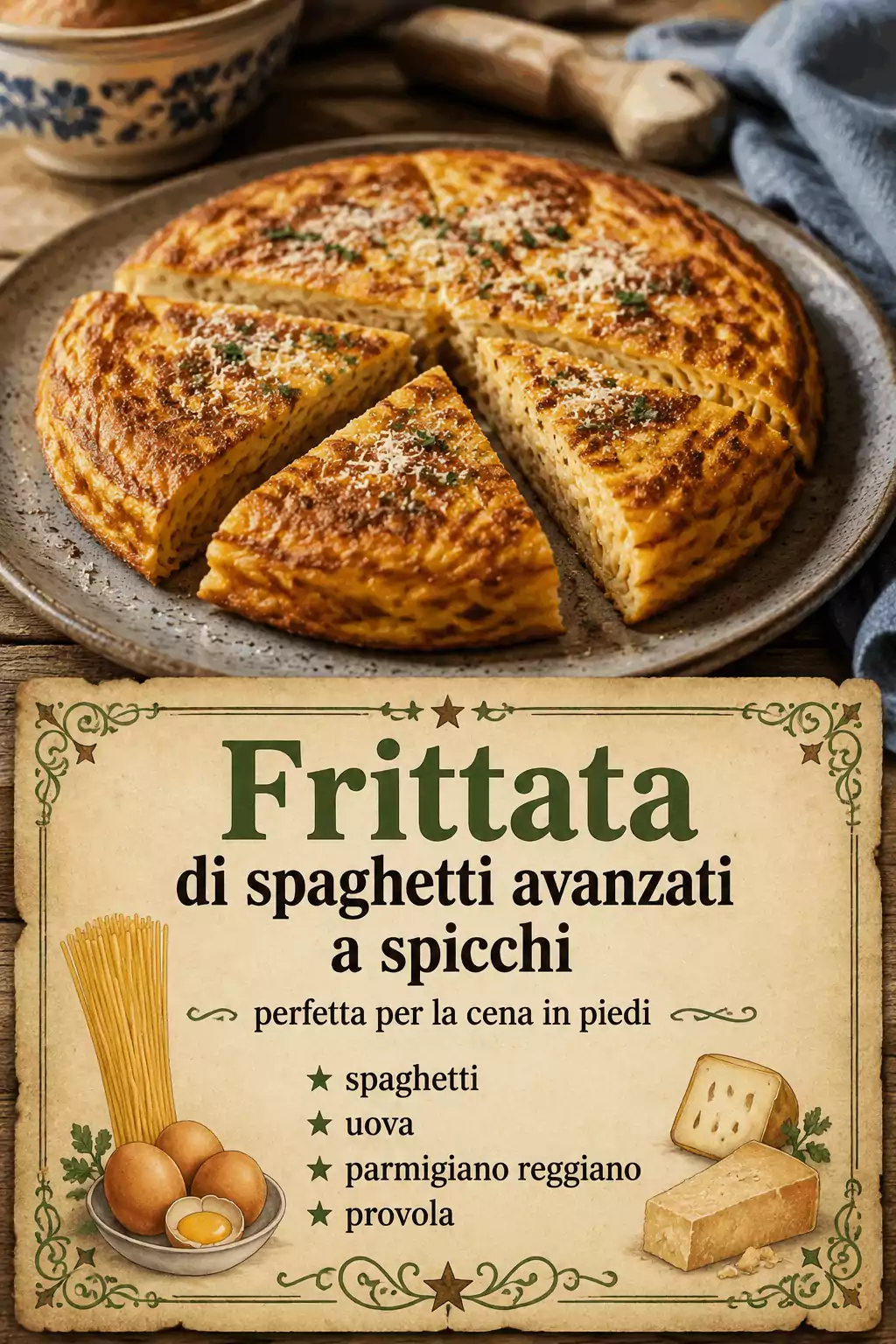 Frittata di spaghetti avanzati a spicchi perfetta per la cena in piedi