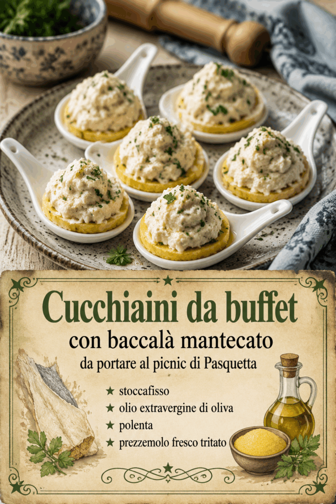 Cucchiaini da buffet con baccalà mantecato da portare al picnic di Pasquetta