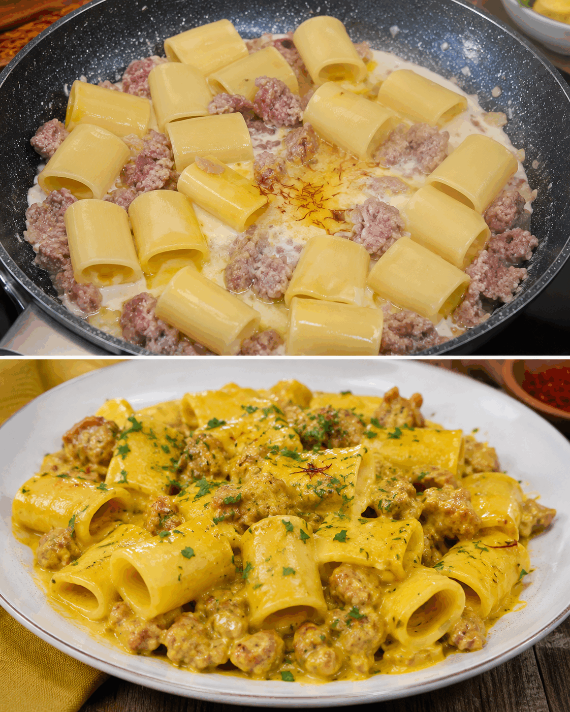 Paccheri Cremosi con Salsiccia e Zafferano: la Ricetta Ricca e Avvolgente Perfetta per il Pranzo