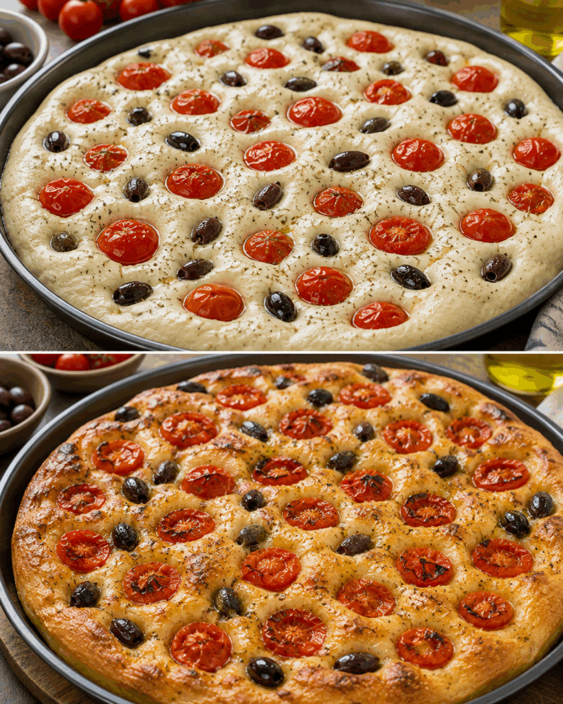 Focaccia barese con pomodorini e olive: la ricetta dei forni di Bari con patata lessa e teglia di ferro