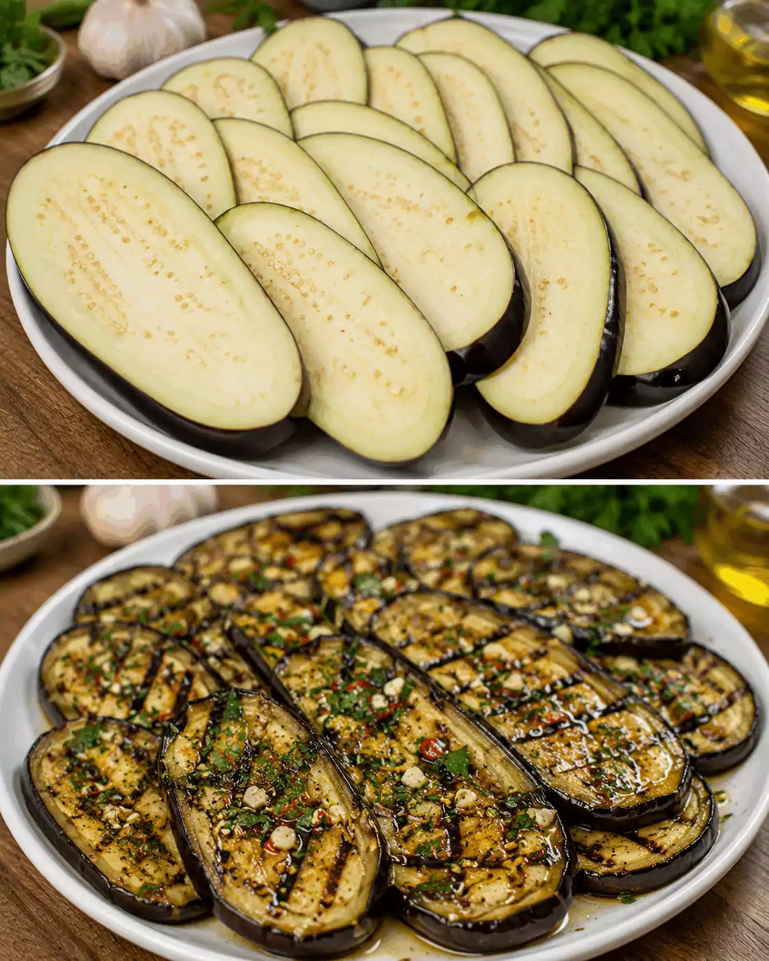 Melanzane grigliate marinate da antipasto: involtini, spiedini e piatto da portata