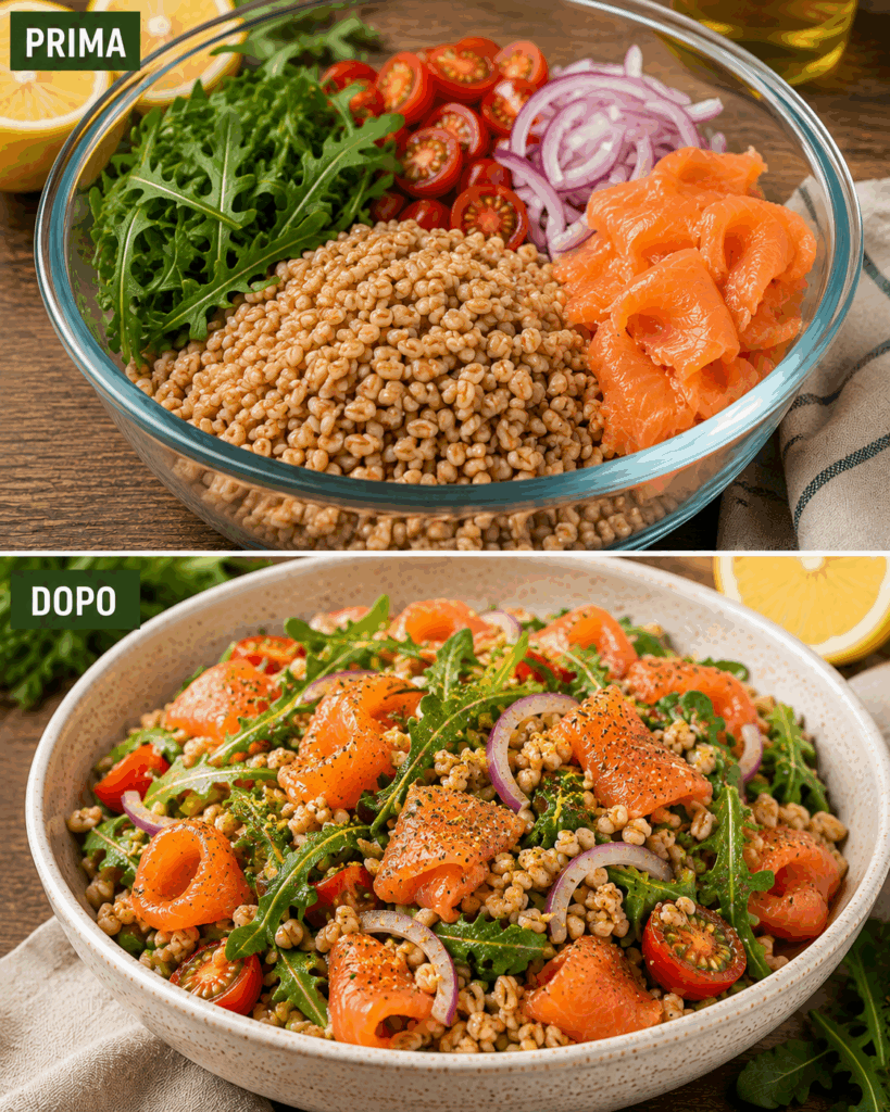 Insalata di Farro con Salmone Affumicato e Rucola: la Ricetta Fresca e Completa Pronta in 20 Minuti