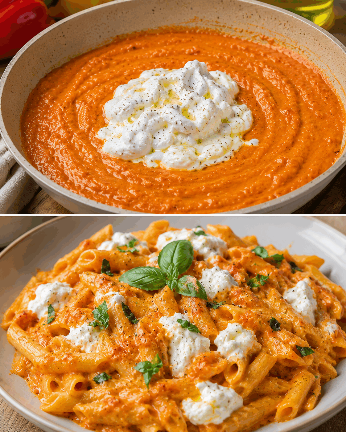 Pasta con Crema di Peperoni e Stracciatella: la Ricetta Colorata e Cremosa che Conquista al Primo Assaggio