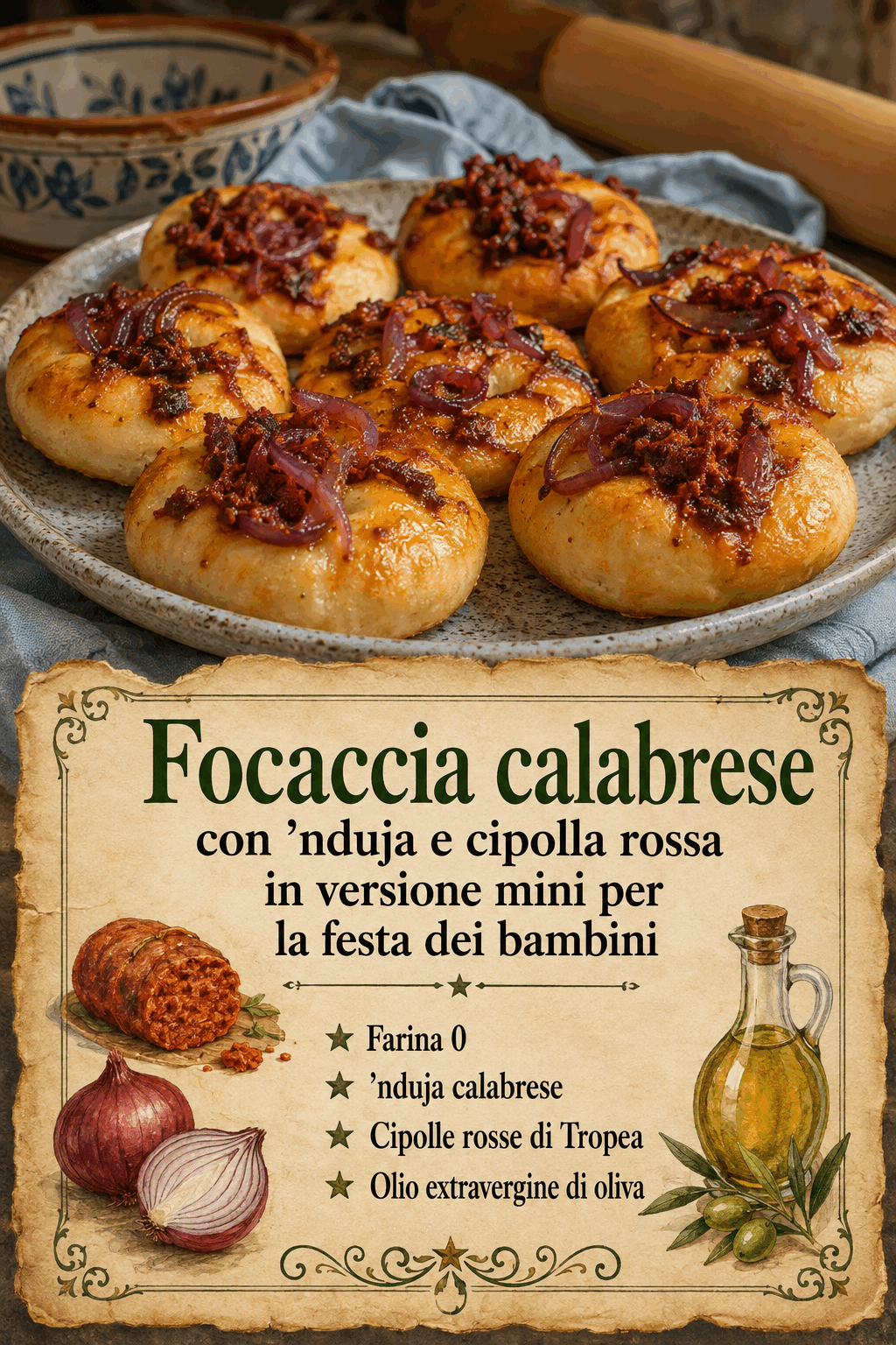 Focaccia calabrese con ‘nduja e cipolla rossa in versione mini per la festa dei bambini
