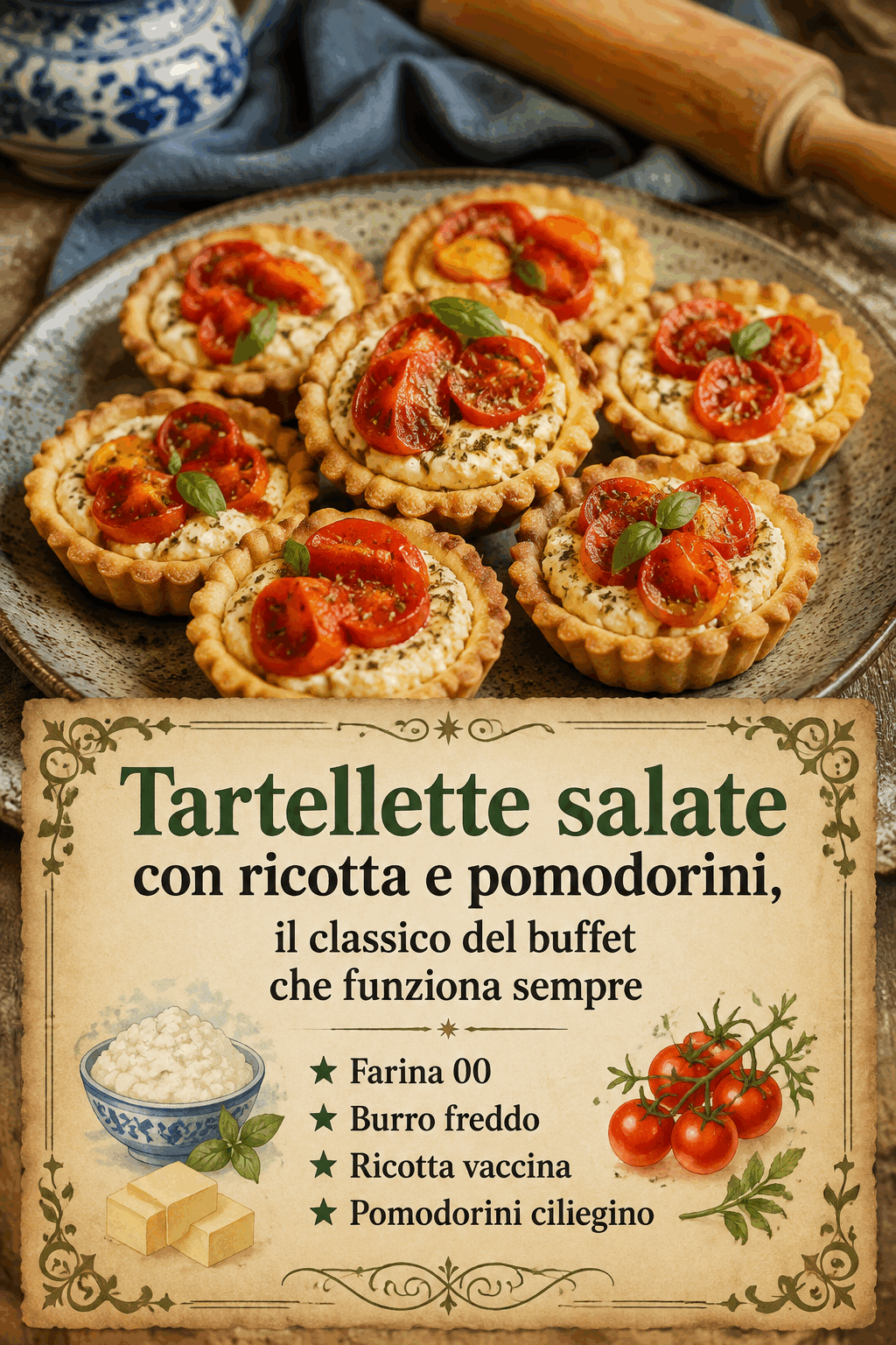 Tartellette salate con ricotta e pomodorini con brisée fatta in casa e fondo croccante