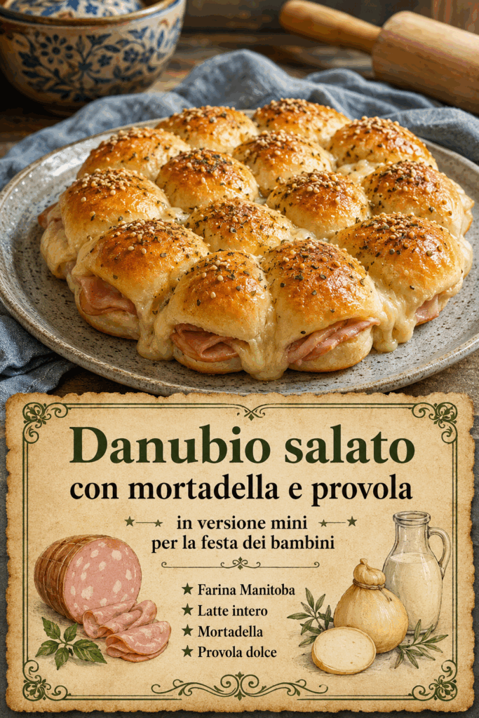 Danubio salato con mortadella e provola in versione mini per la festa dei bambini