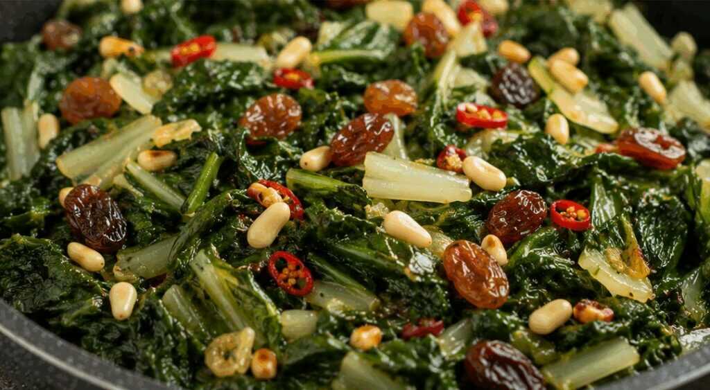 Bietole in padella con pinoli, uvetta e peperoncino alla siciliana
