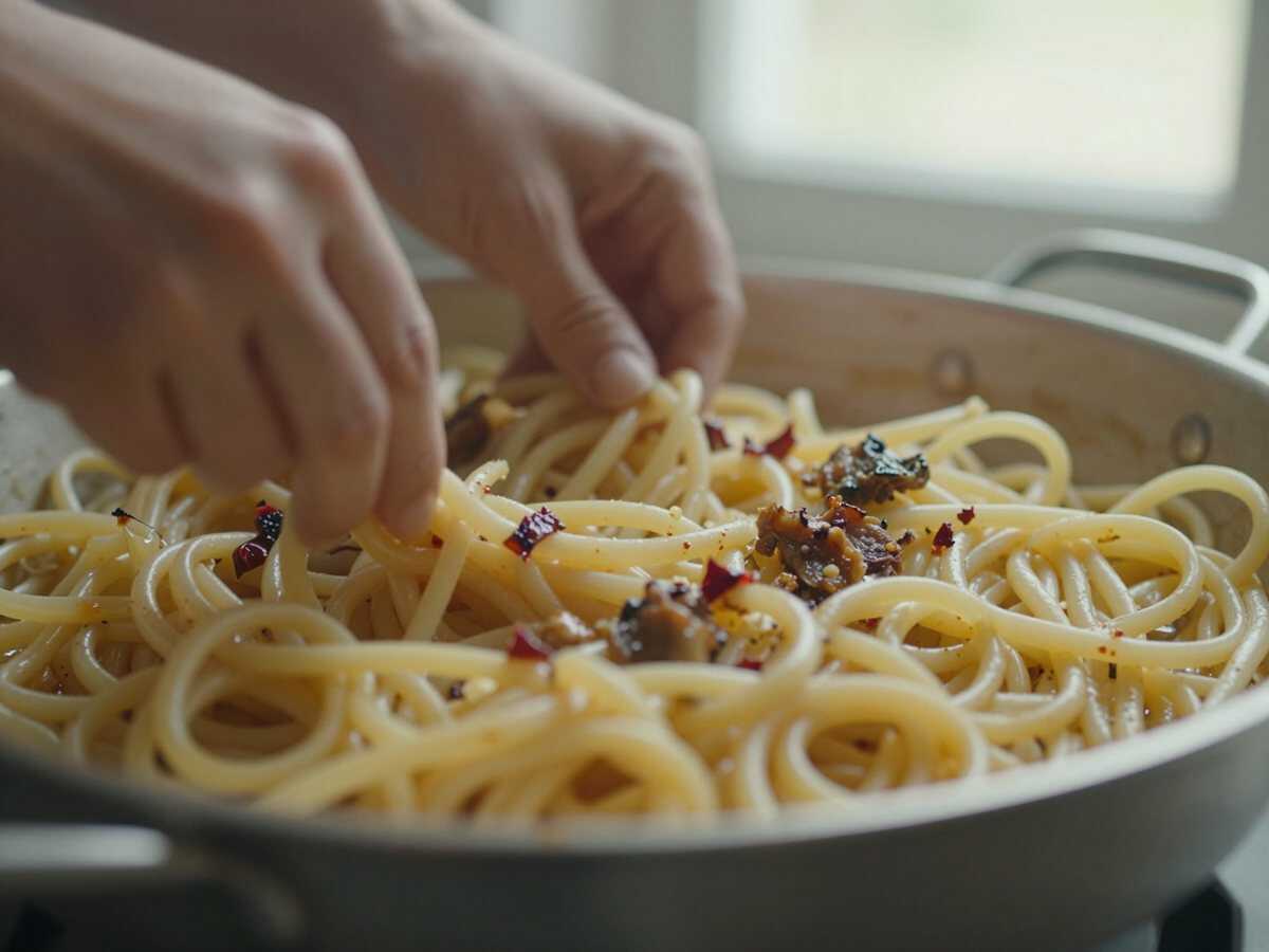 Un passaggio della preparazione — Bigoli in Salsa Veneziani con Cipolle Fondenti e Acciughe