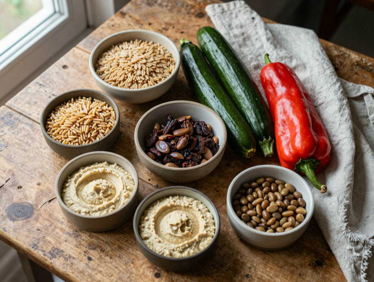 Gli ingredienti per Bowl di Farro con Verdure Arrosto e Hummus