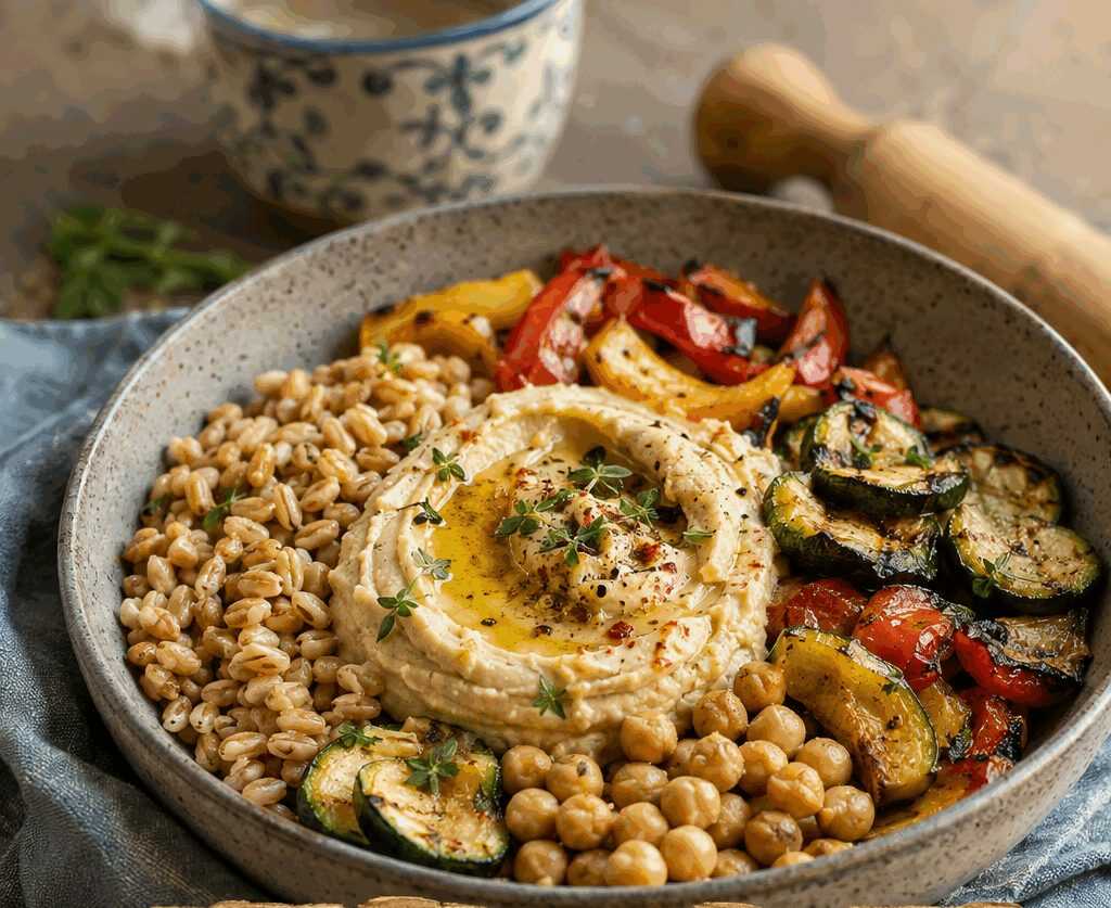 Bowl di Farro con Verdure Arrosto e Hummus