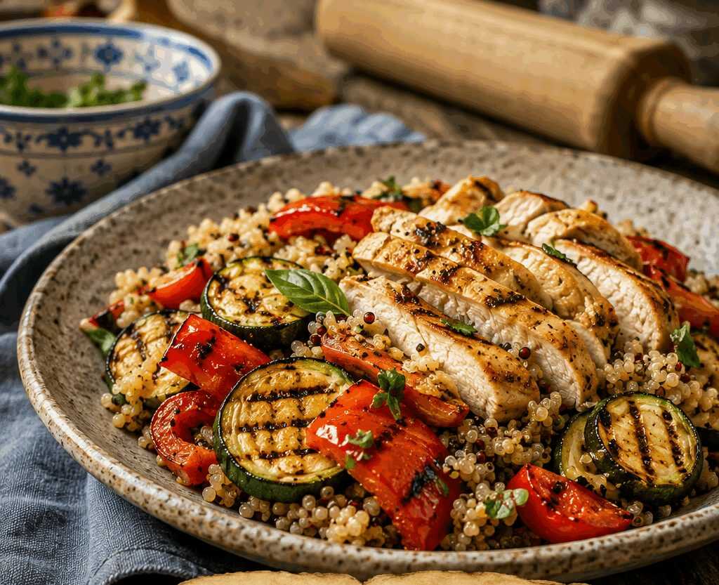Bowl di Quinoa Pollo e Verdure Grigliate