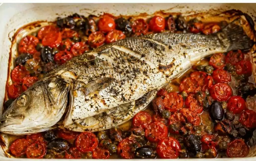 Branzino al forno con pomodorini, olive e capperi