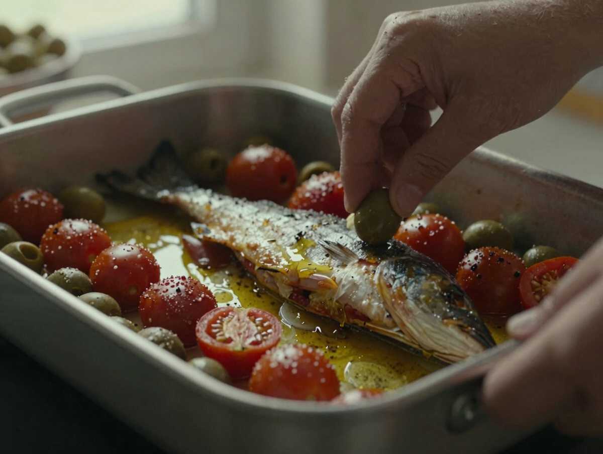 3. Preparare il condimento — Branzino al forno con pomodorini, olive e capperi