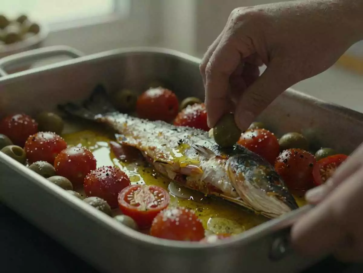 3. Preparare il condimento — Branzino al forno con pomodorini, olive e capperi