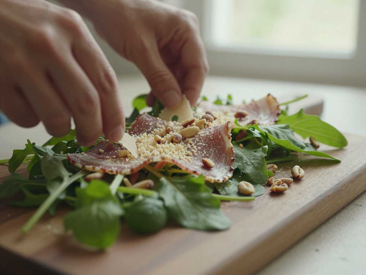 4. Completare con Grana e noci — Bresaola con Rucola, Grana e Noci: un Antipasto Fresco, Elegante e Ricco di Sapore