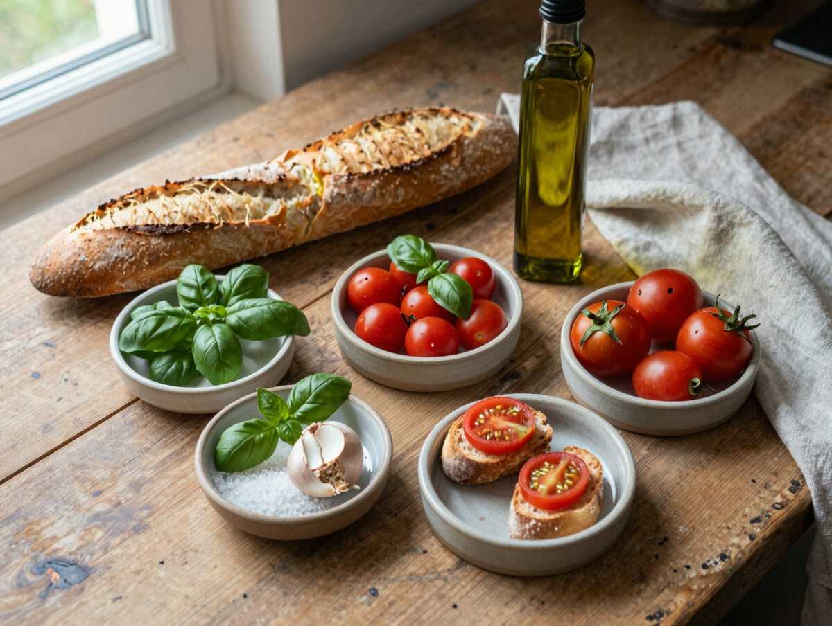 Gli ingredienti per Bruschette al pomodoro e basilico in versione mini per la festa dei bambini