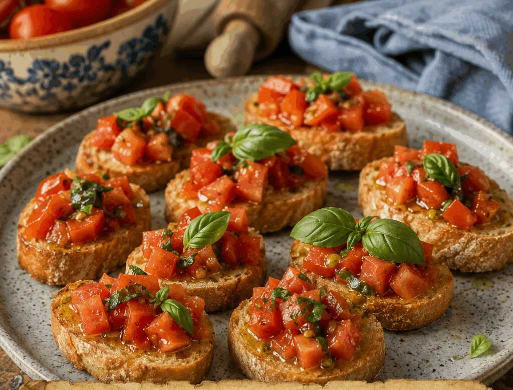 Bruschette al pomodoro e basilico in versione mini per la festa dei bambini