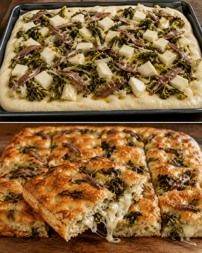 Focaccia Messinese con Tuma, Scarola e Acciughe – Sicilia