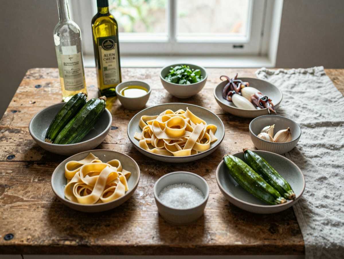 Gli ingredienti per Calamarata con Zucchine e Calamari