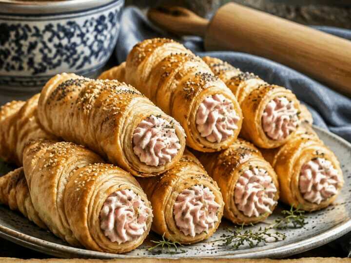 Cannoncini di sfoglia con mousse di prosciutto con il trucco per farne 50 in mezz’ora