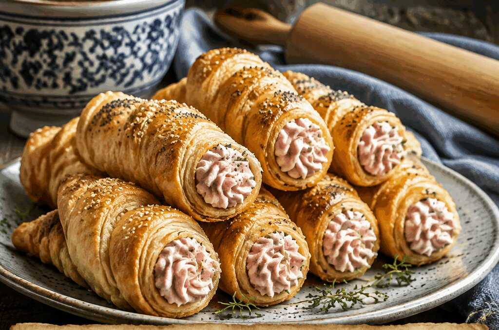 Cannoncini di sfoglia con mousse di prosciutto con il trucco per farne 50 in mezz’ora