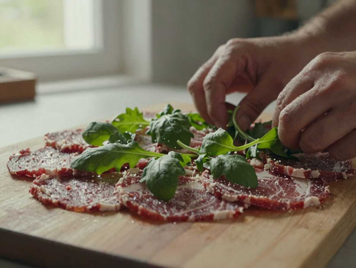 4. Aggiungere la rucola — Carpaccio di Manzo con Rucola e Grana: la Ricetta Elegante e Gustosa Pronta in 15 Minuti