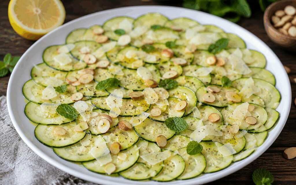 Carpaccio di zucchine con pecorino, mandorle e menta alla siciliana
