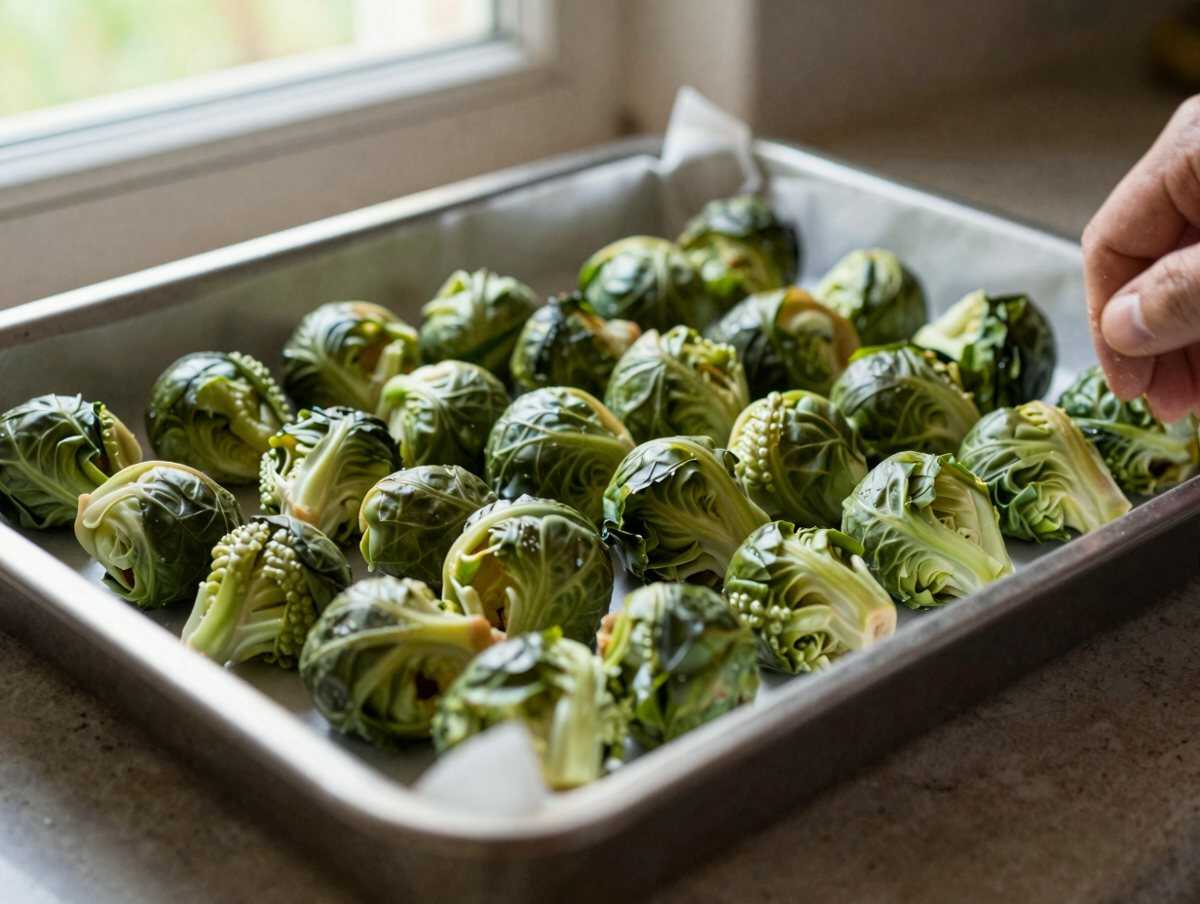 4. Disponili sulla teglia — Cavolini di Bruxelles Arrosto: la Ricetta Croccante Fuori e Morbida Dentro con Erbe Aromatiche