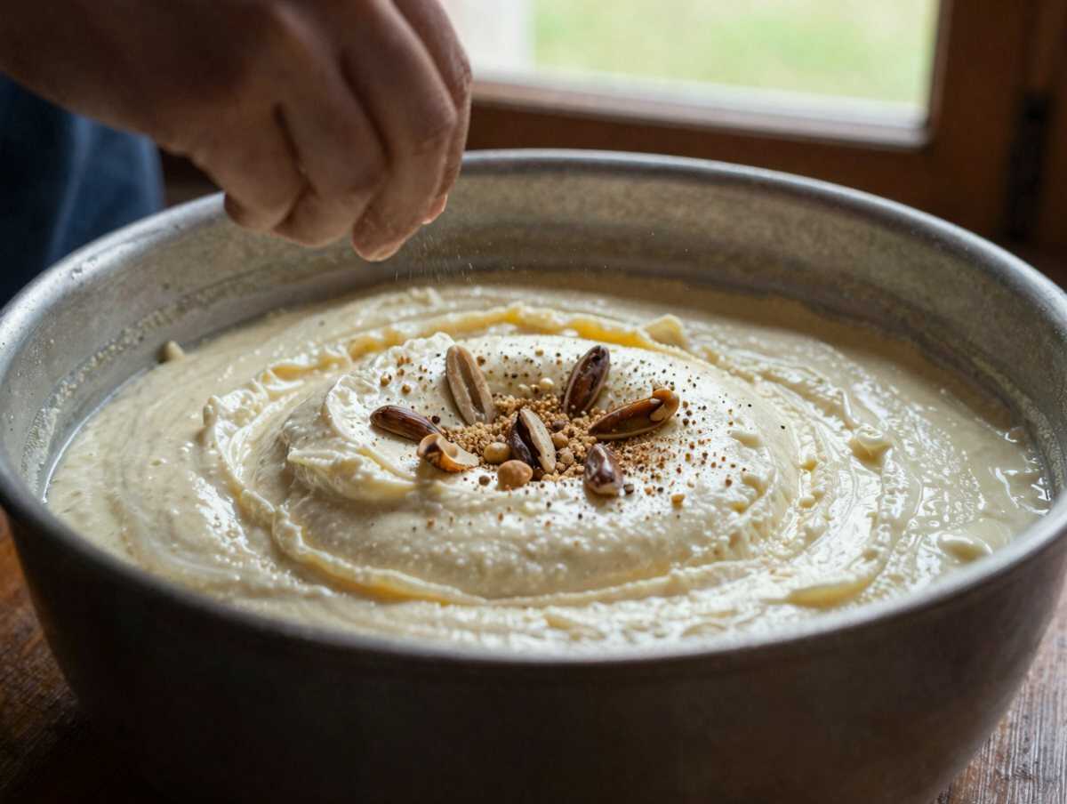 Un passaggio della preparazione — Cestini di Grana con Crema di Ricotta e Noci