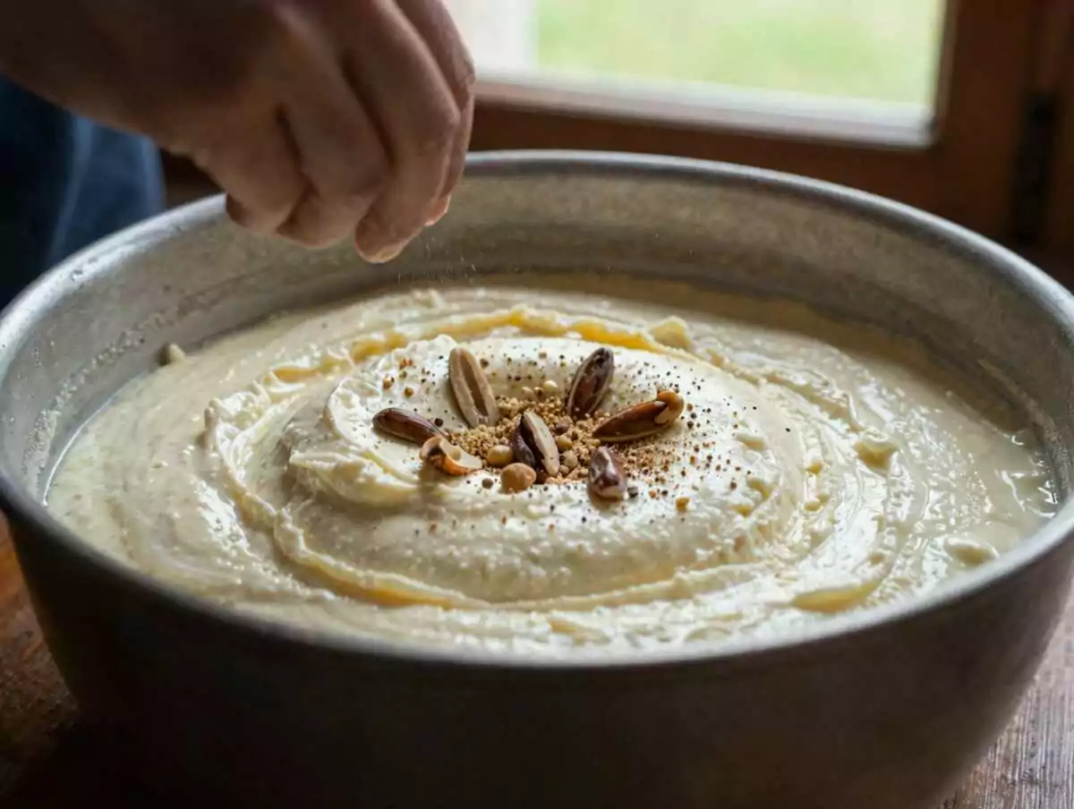 Un passaggio della preparazione — Cestini di Grana con Crema di Ricotta e Noci