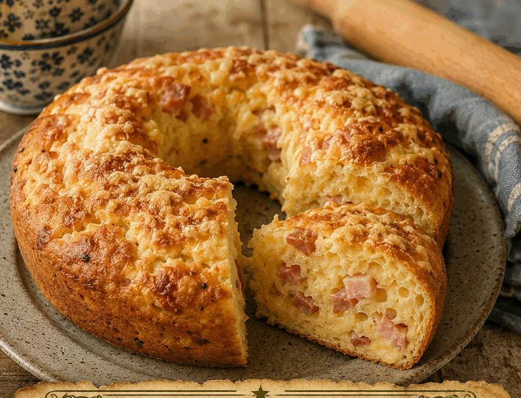 Ciambella salata con prosciutto e formaggio da congelare a fette, pronta all’ultimo momento