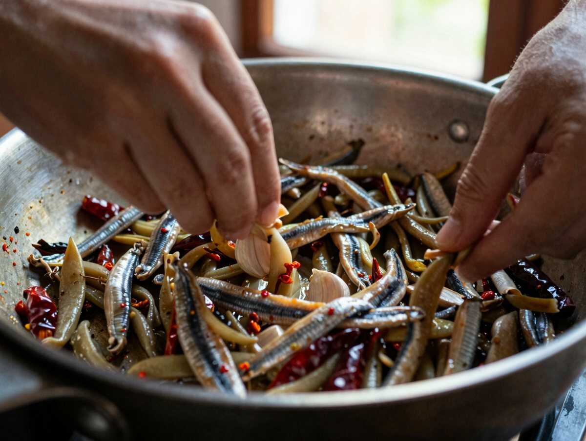 Un passaggio della preparazione — Cime di rapa saltate con aglio, peperoncino e acciughe: un grande classico della cucina del Sud Italia
