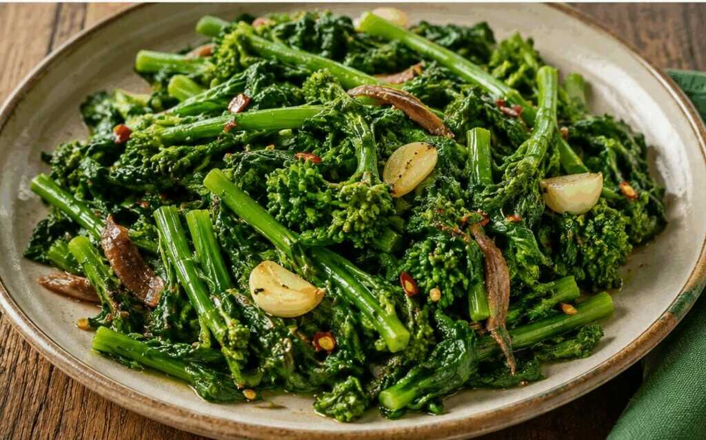 Cime di rapa saltate con aglio, peperoncino e acciughe: un grande classico della cucina del Sud Italia