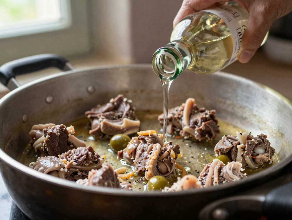 5. Sfumare con il vino — Coniglio alla Ligure – La ricetta tradizionale della Liguria con olive e pinoli
