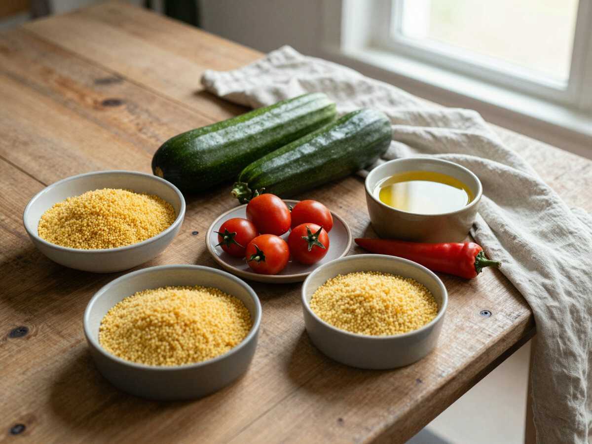 Gli ingredienti per Cous Cous Freddo con Tonno e Verdure