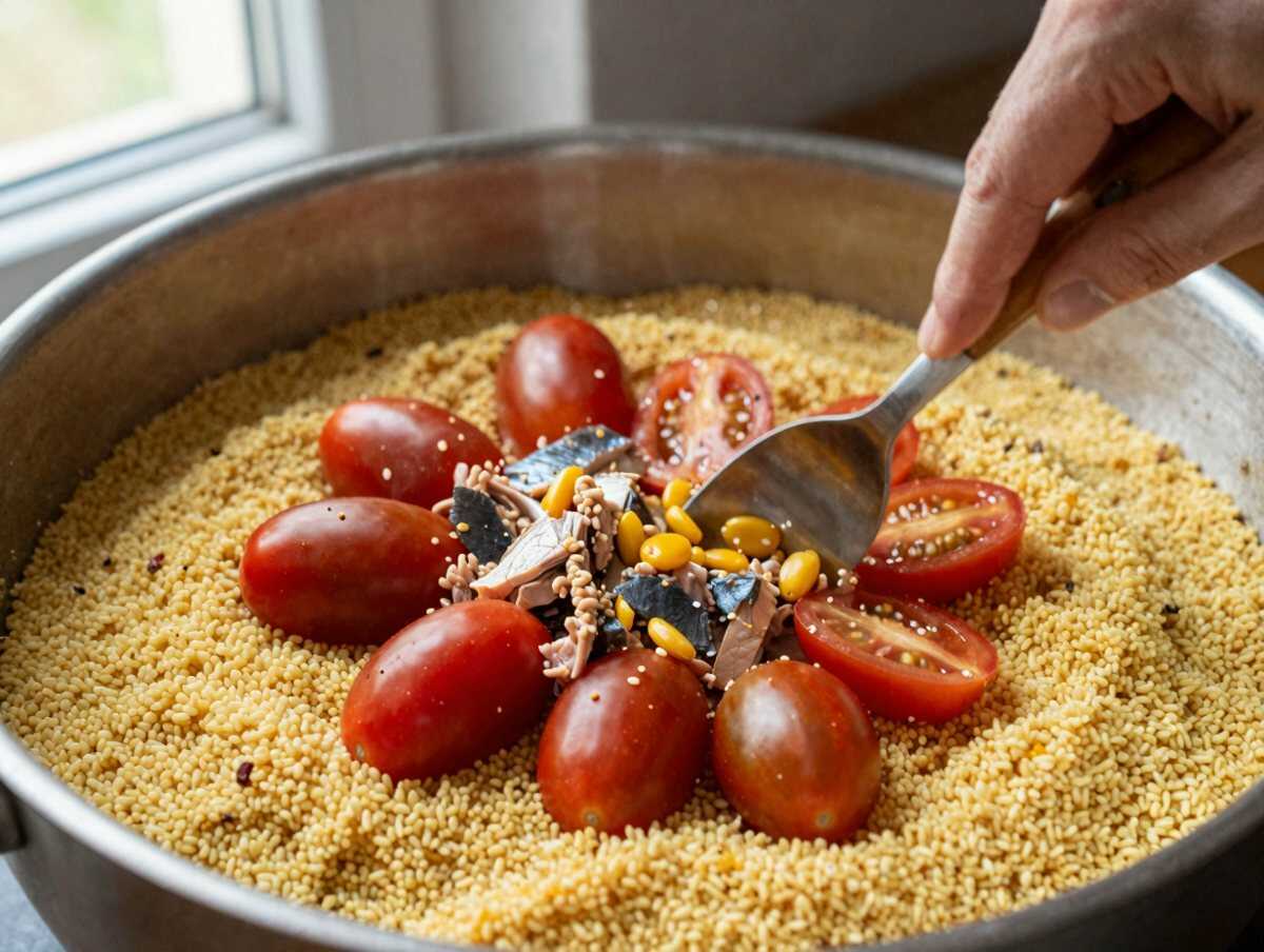 Unire gli ingredienti — Cous Cous Freddo con Tonno e Verdure