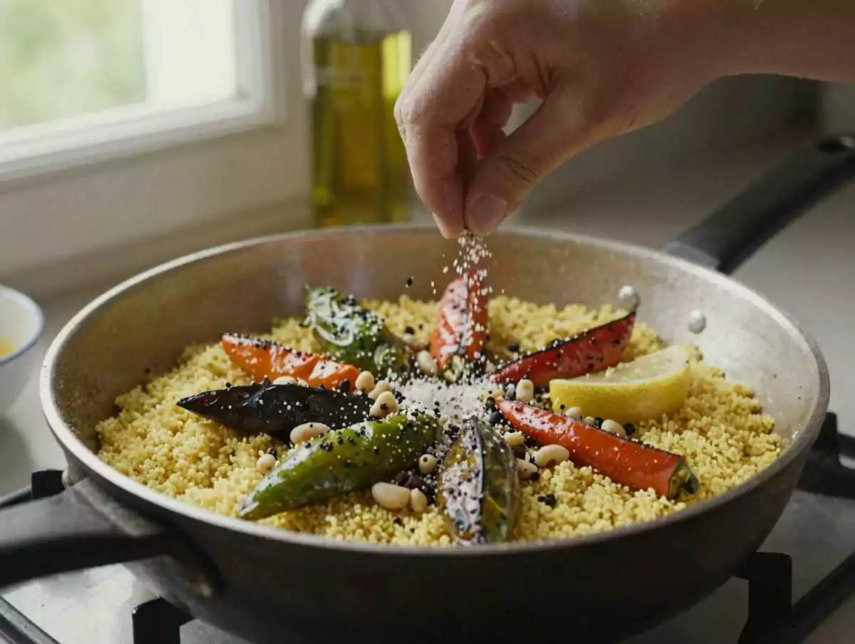 Un passaggio della preparazione — Cous Cous Mediterraneo con Verdure Grigliate e Ceci: la Ricetta Colorata e Gustosa Ideale per un Pranzo Leggero