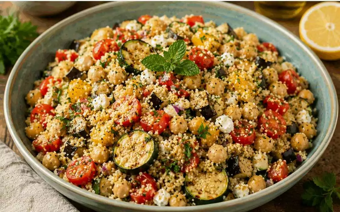Cous Cous Mediterraneo con Verdure Grigliate e Ceci: la Ricetta Colorata e Gustosa Ideale per un Pranzo Leggero