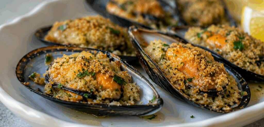 Cozze gratinate al forno con prezzemolo, aglio e limone alla pugliese