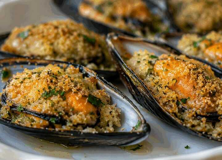 Cozze gratinate al forno con prezzemolo, aglio e limone alla pugliese