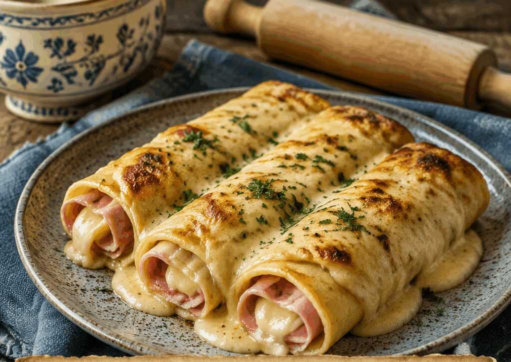 Crespelle arrotolate con prosciutto e fontina in teglia: 50 rotolini senza ore in padella